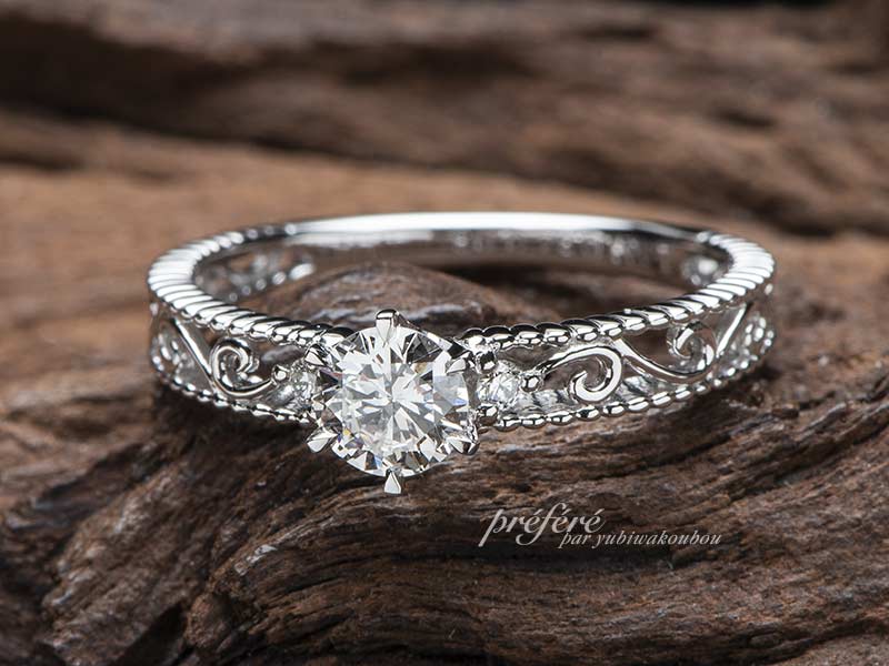 立て爪ダイヤモンドリングを透かしデザインにリメイク 結婚指輪 婚約指輪はオーダーメイド専門のしあわせ指輪工房で