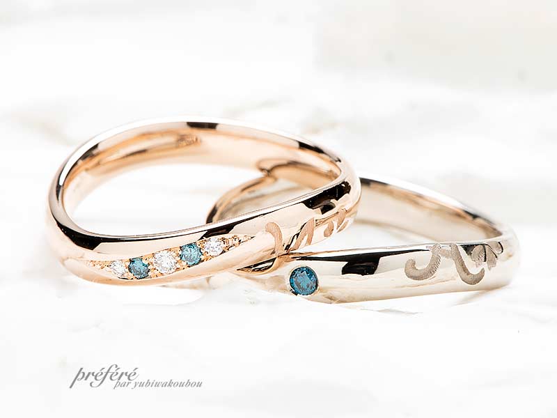 お客様が描いたイラストと桜の花をデザインした結婚指輪 結婚指輪 婚約指輪はオーダーメイド専門のしあわせ指輪工房で