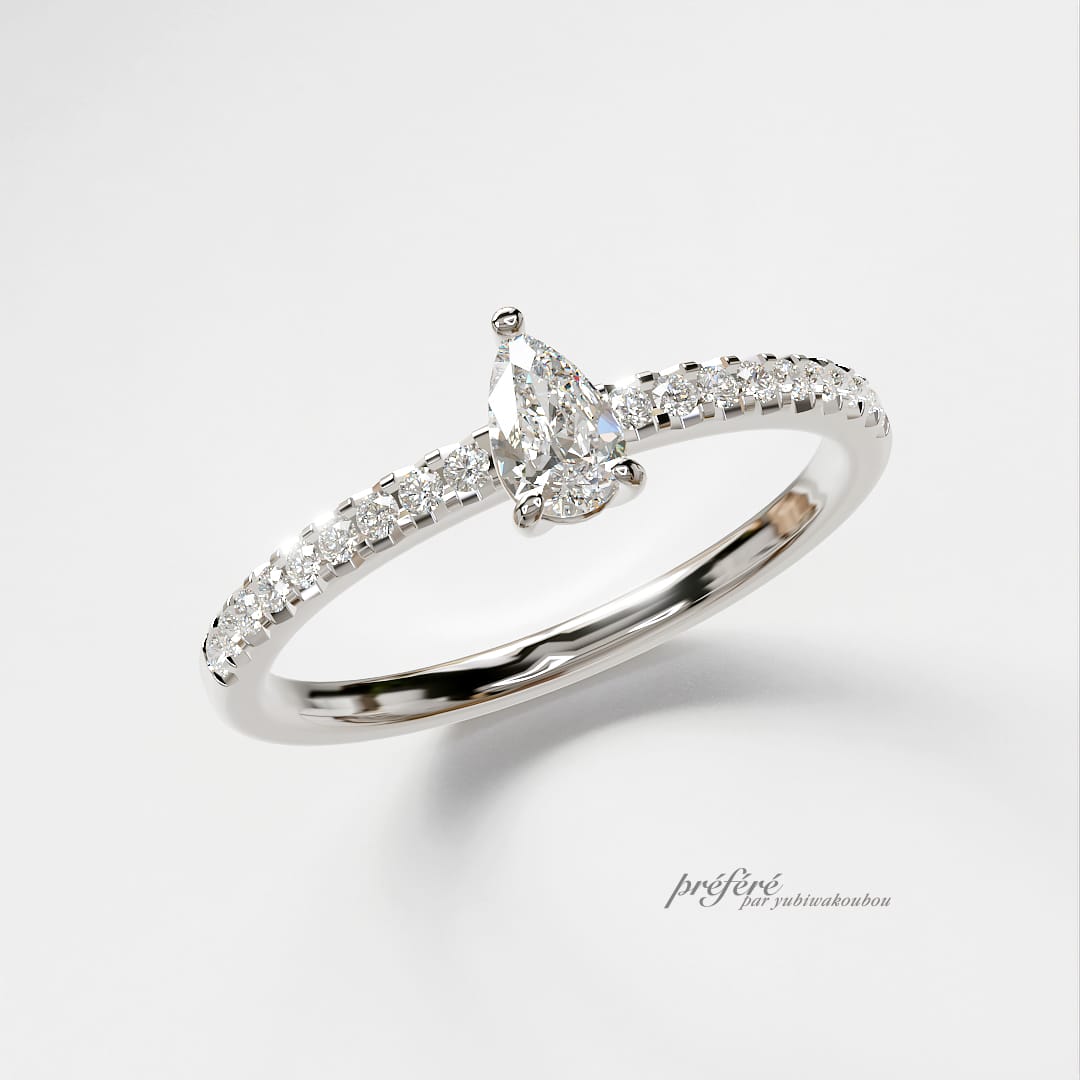 ペアシェイプカットダイヤの婚約指輪をシンメトリーなデザインで制作